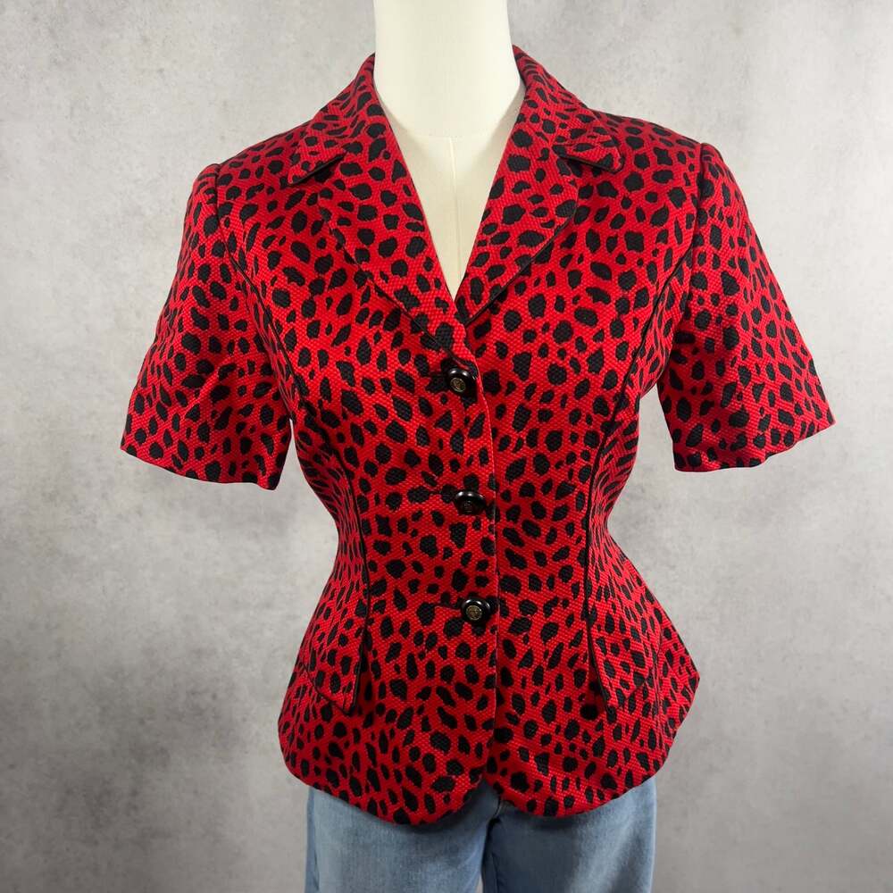 90s Style Red Leopard Peplum Short Sleeve Blazer Top 4